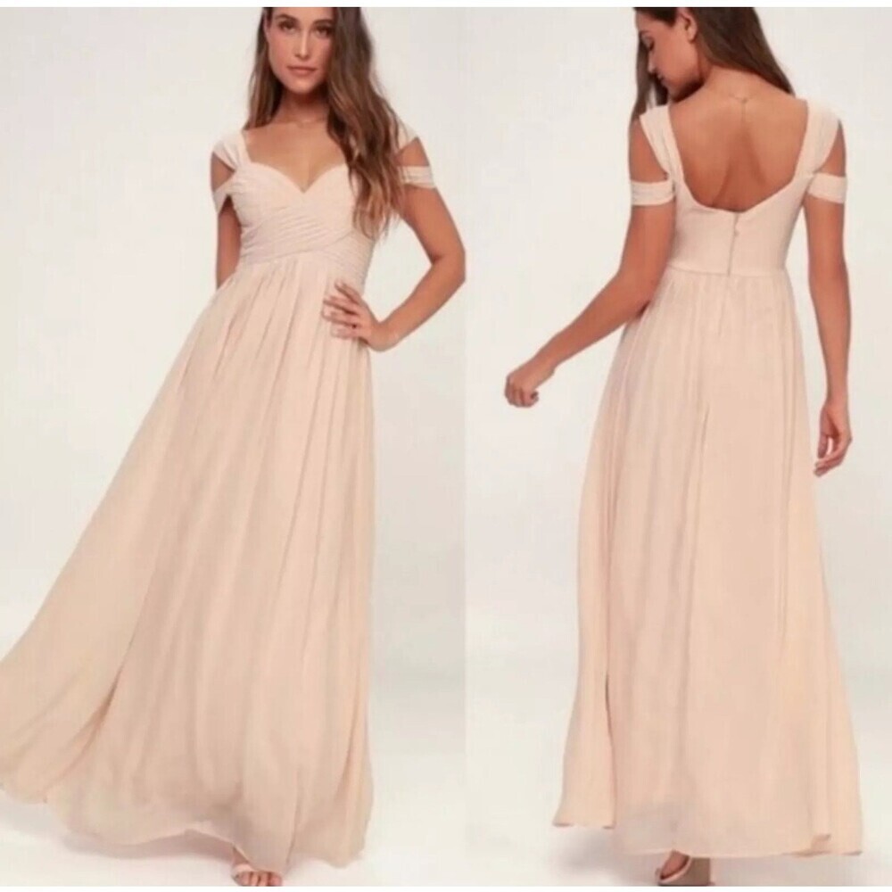 Lulus Make Me Move Maxi Dress Medium Bridesmaid dress off shoulder ruffled